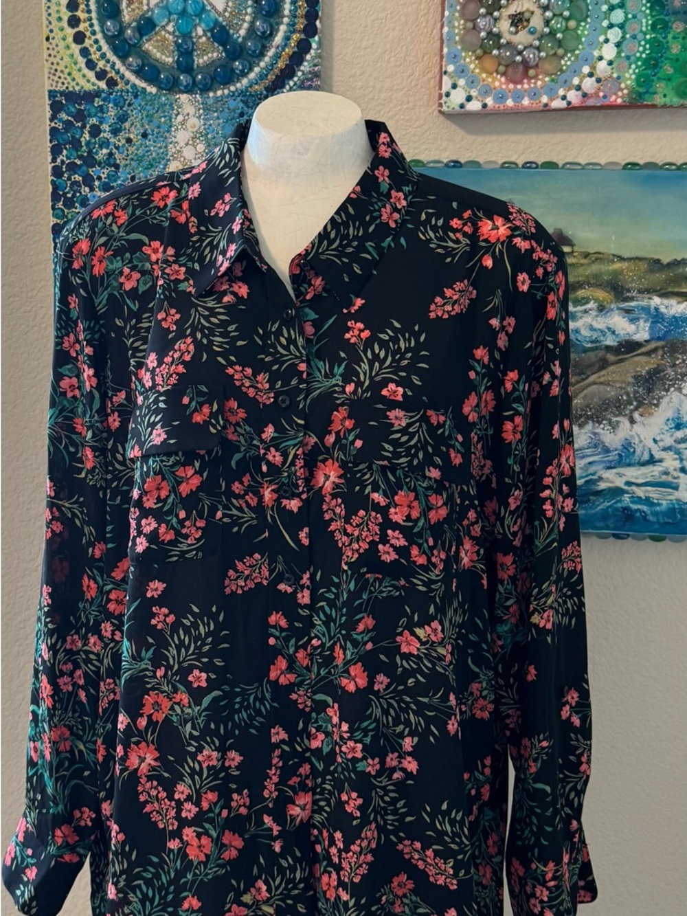 Investments Black Floral Button-Front Blouse with Pink Blooms